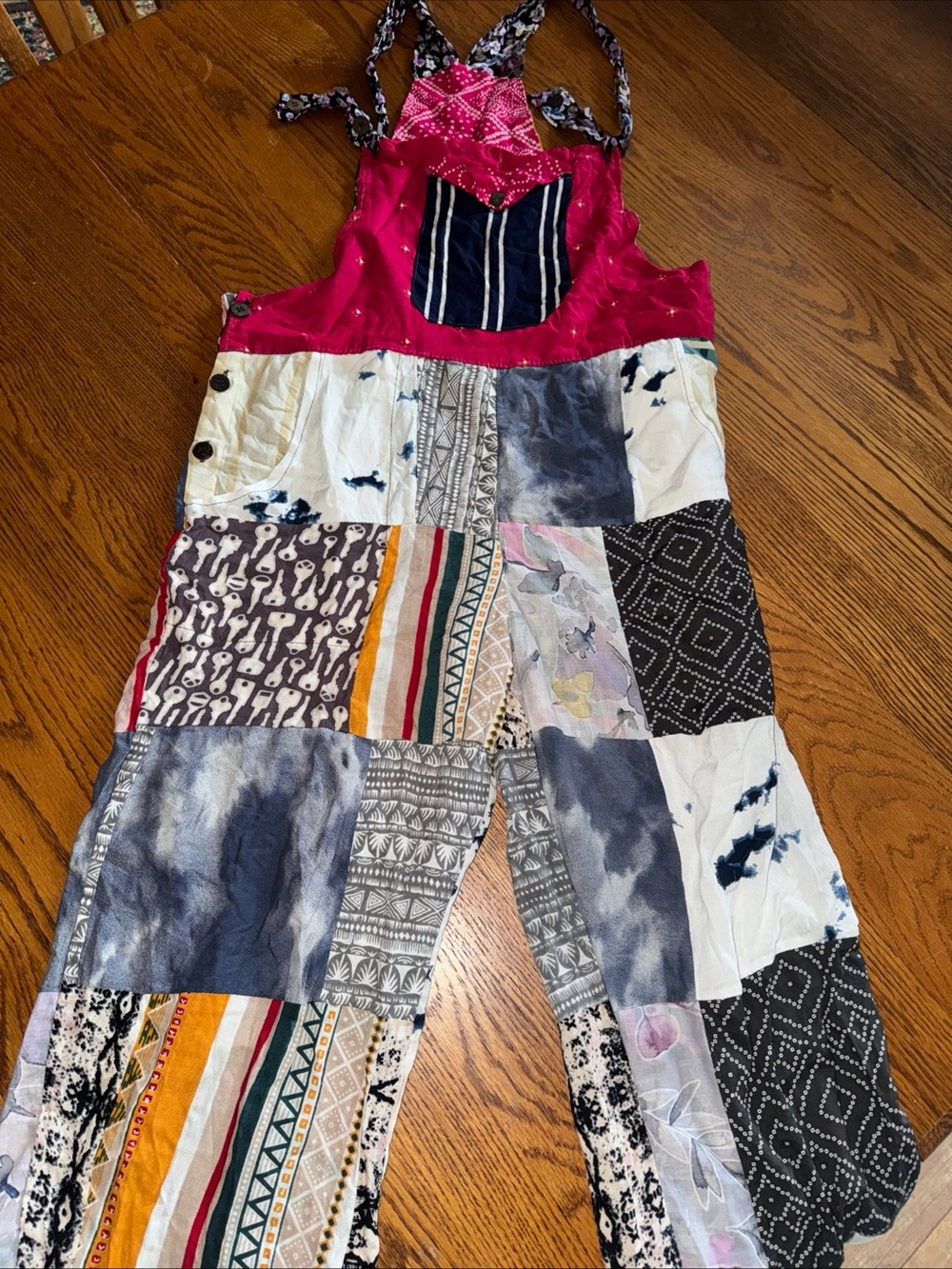 Patchwork Wide-Leg Romper with Magenta Bodice